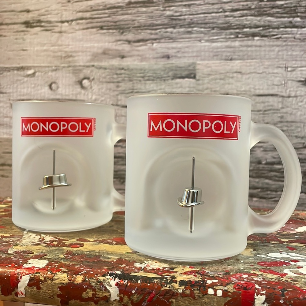 (Set of 2) Monopoly Frosted Glass Mugs with Spinning Hat Piece